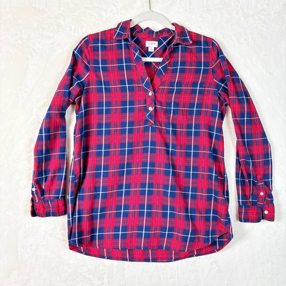 J.Crew Top Women Sz Small Red Blue Plaid Cotton Popover Long Sleeve 100% Cotton